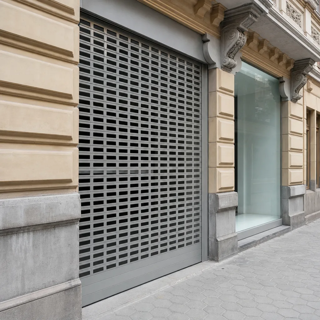 Cierre metálico microperforado en local comercial premium de Puerto Banús, Marbella